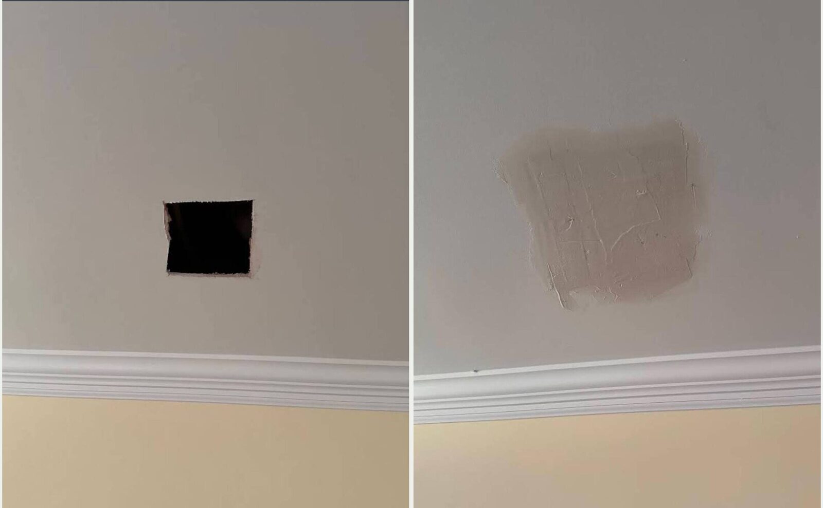 Damaged ceiling drywall before repair